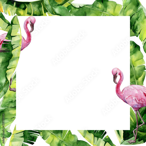 Watercolor illustration of tropical leaves and pink flamingo. Banner with tro...