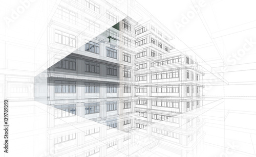 Abstract Architecture background. Perspective 3d Wireframe of building