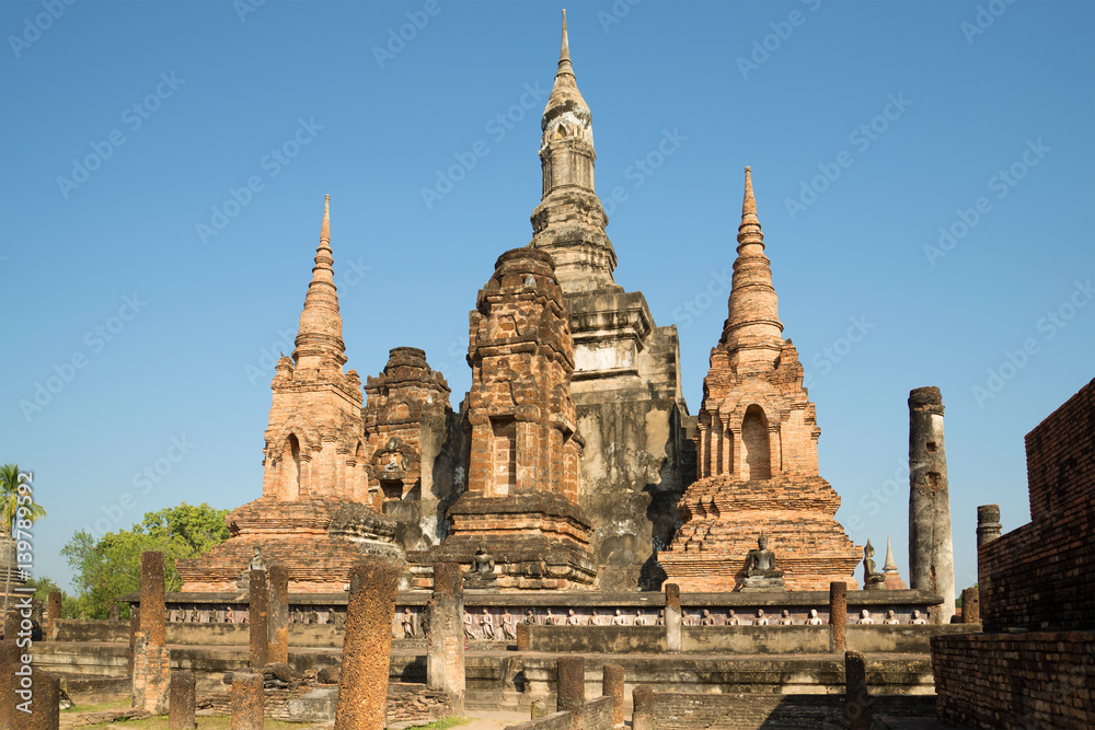 The ruins of the Buddhist temple Wat Mahathat closeup. Sukhothai, Thailand