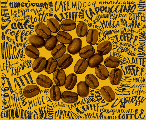 Fotografie Top view of roasted coffee beans with Typography