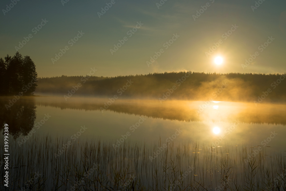 Foggy sunrise on the forest lake. August morning. Finland