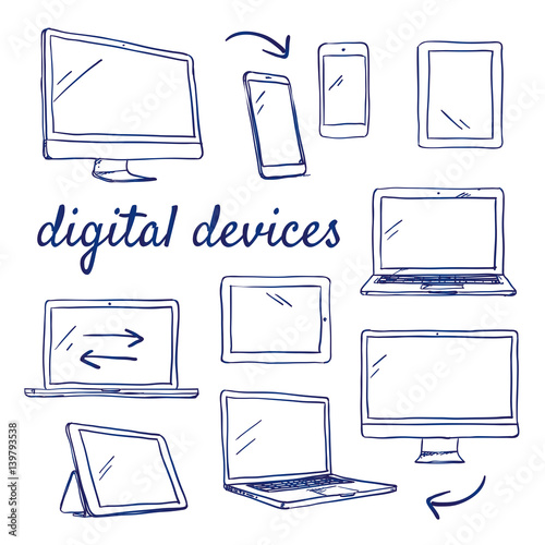 Doodle set of digital devices - computer, desktop, tablet, smart phone, touch, hand-drawn. Vector sketch illustration isolated over white background. 