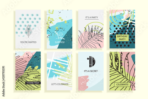 Universal floral posters set. Creative hand hrawn textures with palm leaves. Cards for wedding, anniversary, birthday, Valentin's day, party invitations.