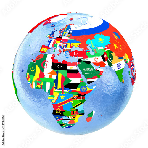 EMEA region on political globe with flags isolated on white