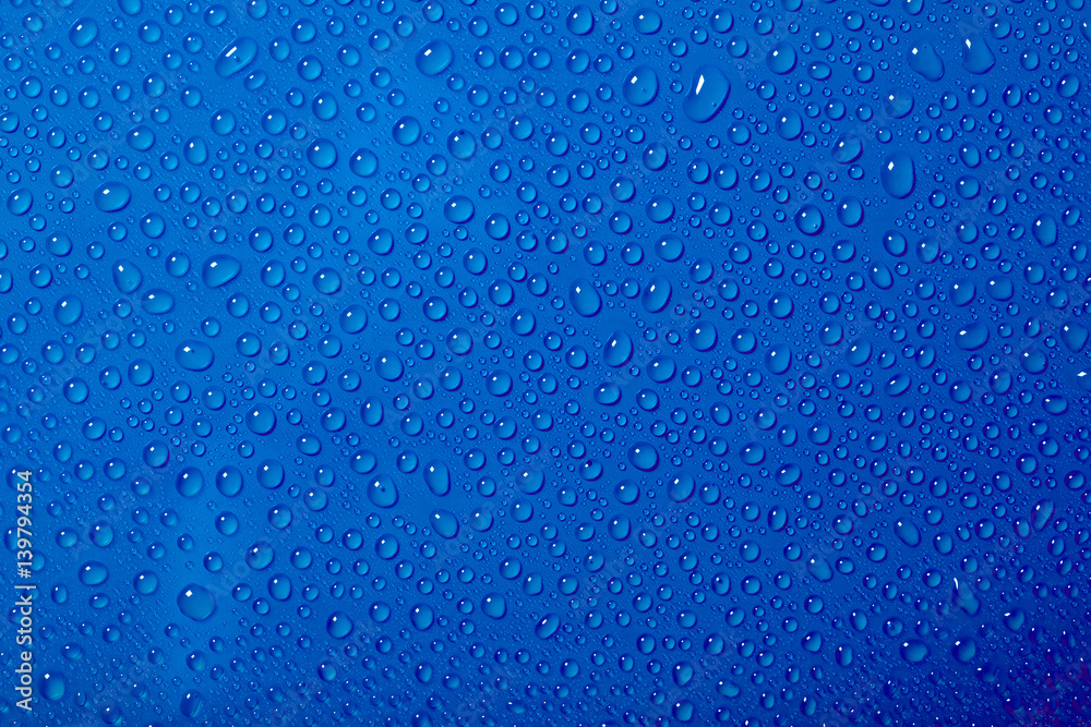 Water drops on the blue background - obrazy, fototapety, plakaty 