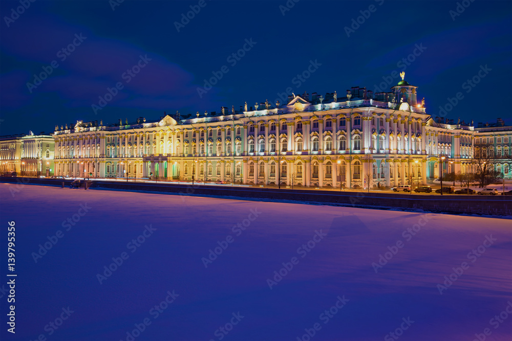 Winter Palace a February night. Saint-Petersburg,  Russia