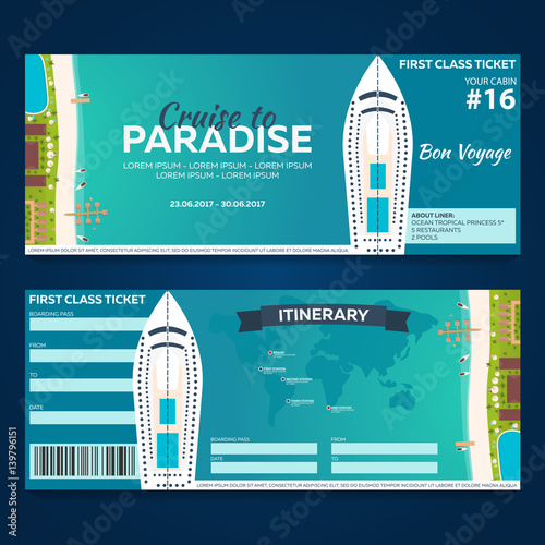 Travel. Cruise to Paradise. Ticket. Cruise liner. Ship. Vector flat illustration.