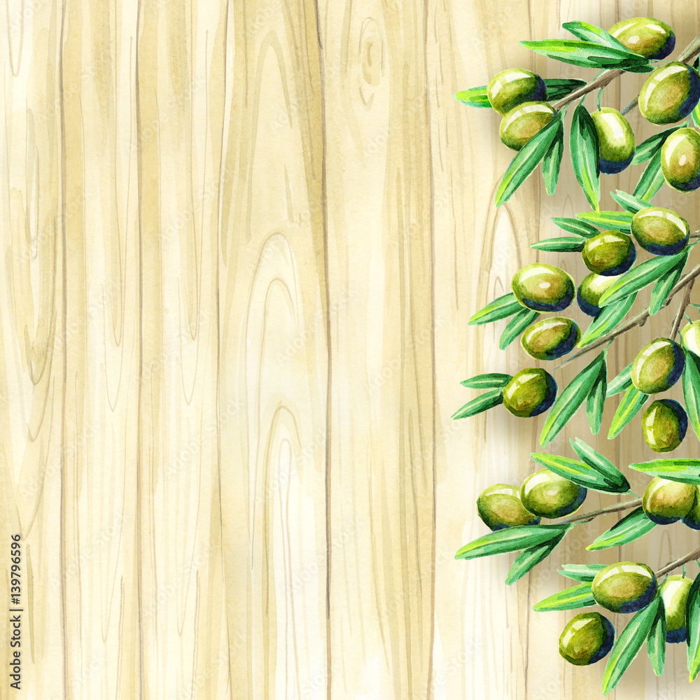 Olive on the table, vertical template. Watercolor Olive on the table, vertical template. Watercolor