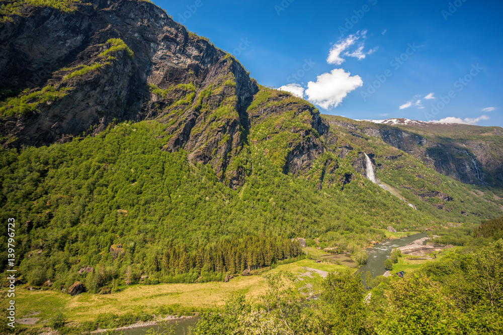 Naklejka premium Waterfall near the Flam village in Norway