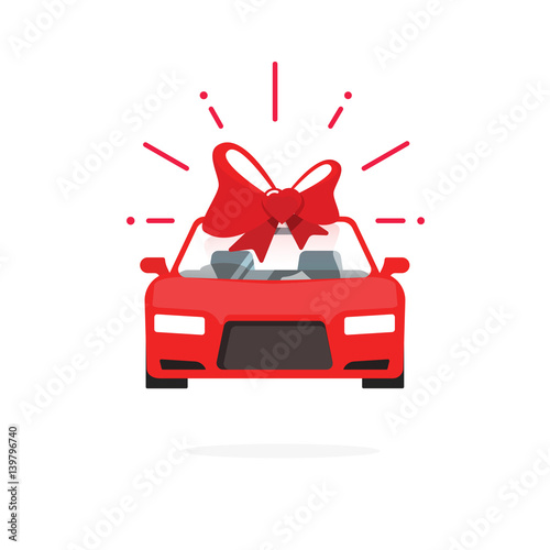 Car special offer idea red color, flat style automobile with gift bow, auto sale price present vector illustration