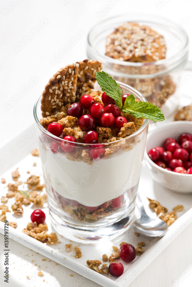 dessert with granola, cranberries and cream, vertical closeup dessert with granola, cranberries and cream, vertical closeup