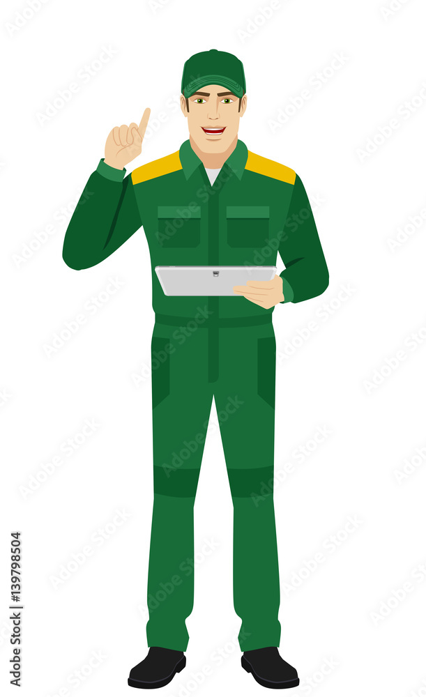 Man in uniform holding digital tablet PC and pointing up Man in uniform holding digital tablet PC and pointing up