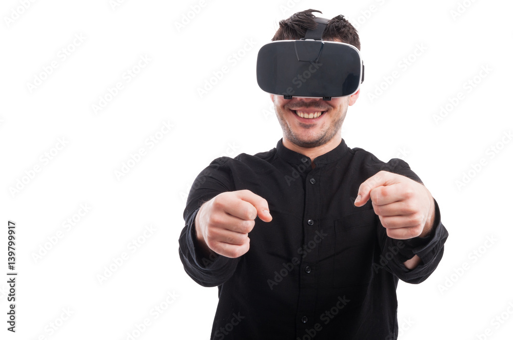 Young man driving in virtual reality Young man driving in virtual reality