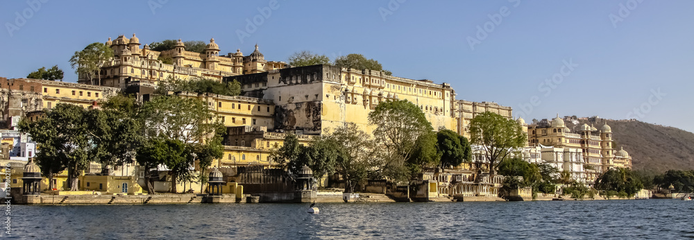 Panoramic view to City Palace from Lake Pichola, Udaipur, Rajasthan, India