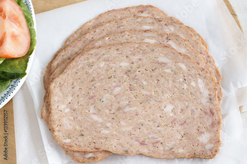 Haslet a pork and herb meatloaf originally from Lincolnshire England