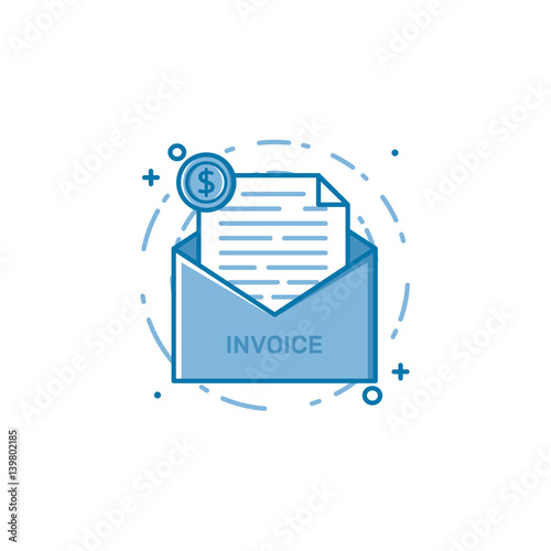 Vector illustration of filled bold outline open envelop with web page and coin icon.