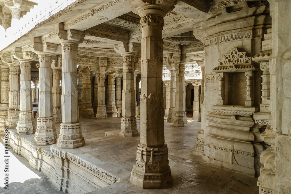 Arcade in famous Jain temple (Adinatha temple) in Ranakpur, Rajasthan, India