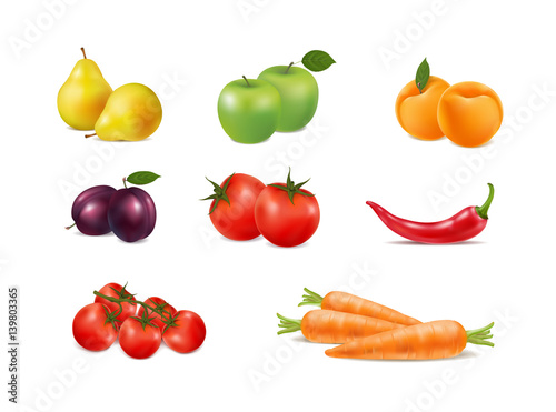 set of fresh fruit and vegetables on white background