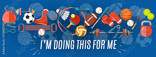 Set of sport balls and gaming items at a blue background. Healthy lifestyle tools, elements. Vector Illustration.