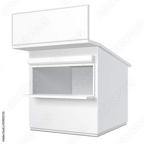 Promotional Or Trade Outdoor Kiosk, Stand, Newsstand. Open-fronted Hut Or Cubicle. Mock Up, Template. Illustration Isolated On White Background. Ready For Your Design. Product Advertising Vector EPS10
