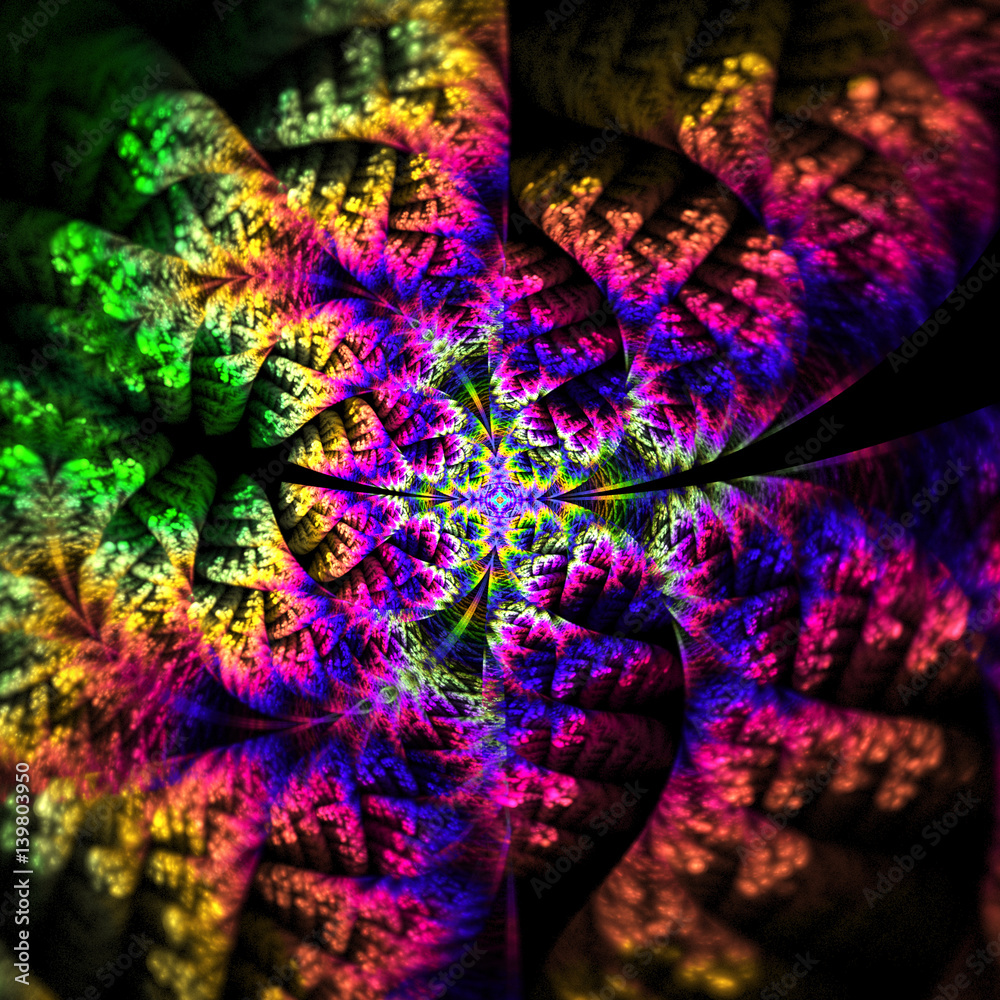 Abstract exotic rainbow flower. Psychedelic asymmetrical design in blue, green, yellow and pink colors. Fantasy fractal art. 3D rendering.