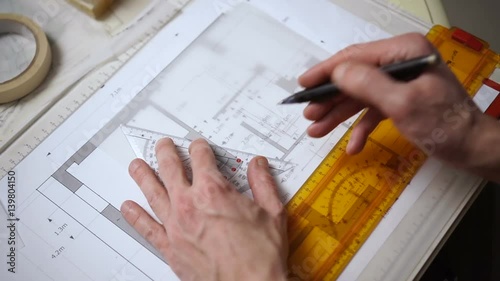 Architect drawing blueprints plan, graph, design, geometric shapes by pencil on large sheet of Tracing paper at office desk. Engineer hands, point of view POV Working with triangle ruler and pencil