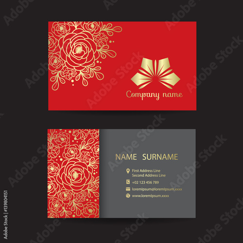 Business card - Gold Border line Bouquet of floral  and company logo on red background vector design