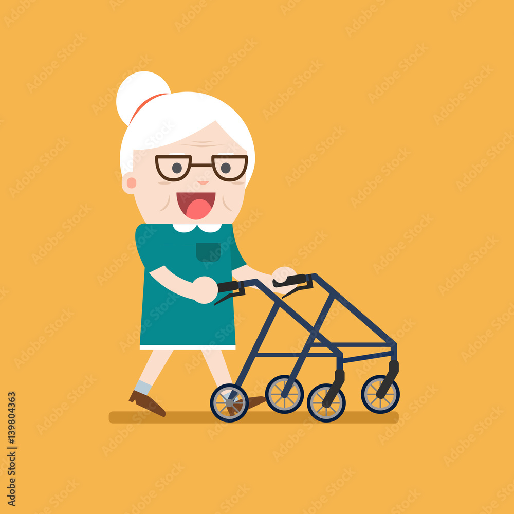 Retired elderly senior age couple in creative flat vector character design. Grandma standing full length smiling. Grandparents with walking stick and paddle walker isolated. Retired elderly senior age couple in creative flat vector character design. Grandma standing full length smiling. Grandparents with walking stick and paddle walker isolated.