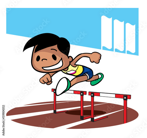 Hurdling race competition. Cartoon character. Vector illustration