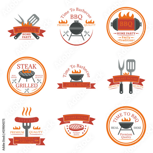 Set of barbecue logos, emblems, labels and badges. Set of vector templates isolated on white background. Grill menu, steak house, home party, family tradition design elements