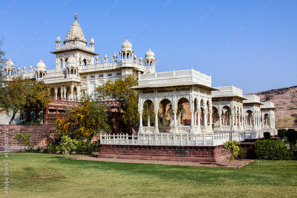 Jaswant Thada with blue sky and green grass, Jodhpur, Rajasthan, India 