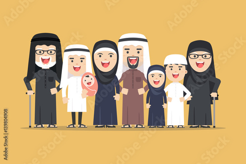 vector arab family, muslim people, saudi cartoon man and woman. Arab people father, mother, son, daughter, grandmother and grandfather standing together