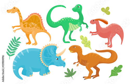 Cartoon dinosaurs vector illustration isolated monster animal dino prehistoric character reptile predator jurassic fantasy dragon leaf © partyvector