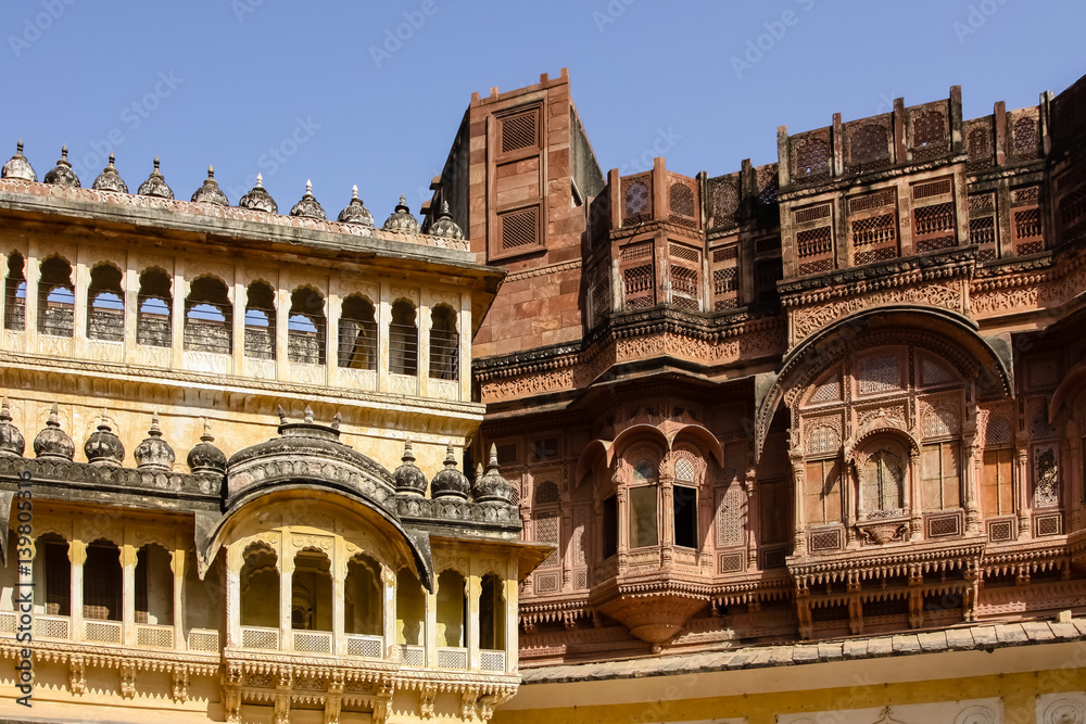 View of facades built in different styles and material, Mehrangarh Fort, Jodhpur, Rajasthan, India 