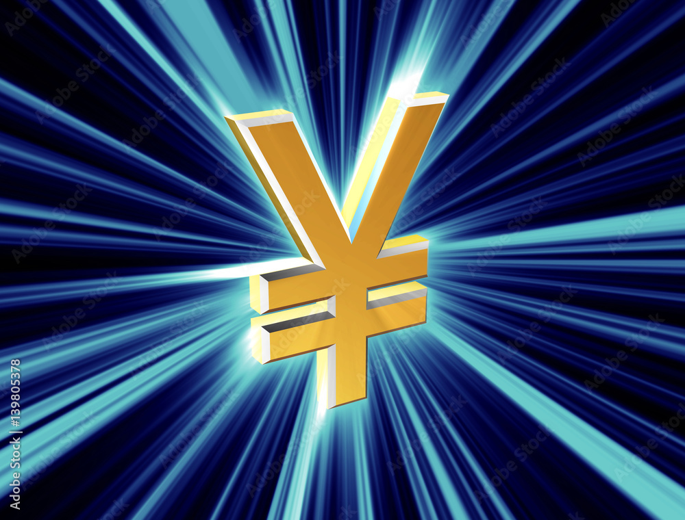 Obraz premium three-dimensional image of golden yen symbol among the colored rays