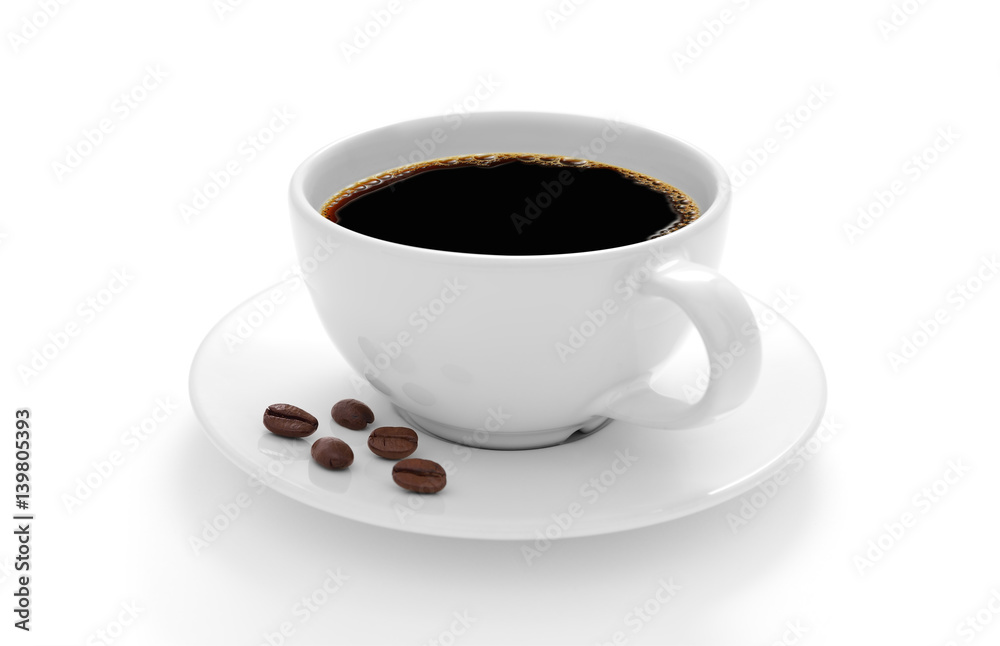 Cup of coffee with coffee beans isolated on white background Cup of coffee with coffee beans isolated on white background
