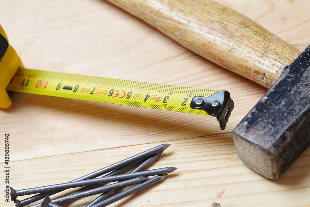 set of tools on the wood background