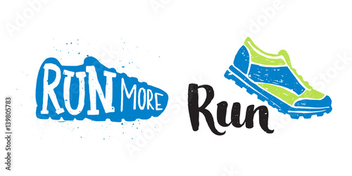 Running marathon logo jogging emblems label and fitness training athlete symbol sprint motivation badge success work isolated vector illustration.