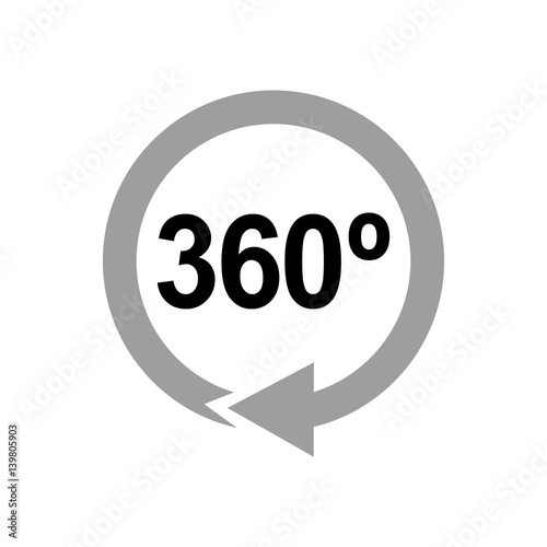 Icono plano 360 negro con flecha circular gris en fondo blanco