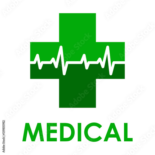 Icono plano MEDICAL con cruz con ritmo cardiaco verde
