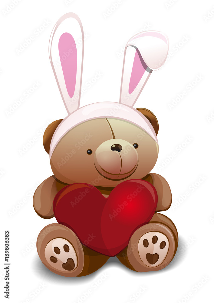 Obraz premium Cute Teddy Bear dressed in Easter bunny. Overhead Hare Ears. Easter mask with rabbit ears. Teddy bear with false rabbit ears holds a big red heart. Design element for Easter card. Vector illustration