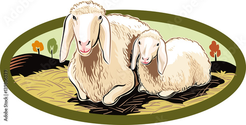 oval frame, with ewe and her lamb.