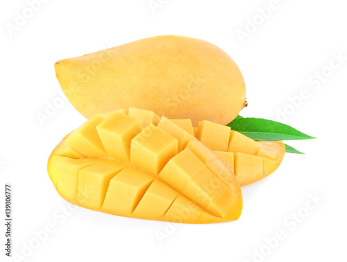 Mango cubes and slices. Isolated on a white background.