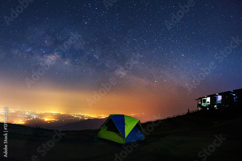 Milky way galaxy with dome tent  at Phutabberk Phetchabun in Thailand.Long exposure photograph.With grain