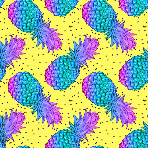 Pineapple creative trendy seamless pattern. Neon colors fashionable style memphis, rave Texture for scrapbooking, wrapping paper, textiles, web page, textile wallpapers, surface design, fashion