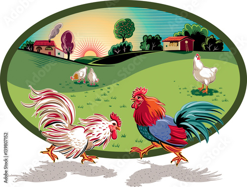 oval frame with hens and two roosters fighting.