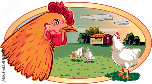 oval frame with chickens that roam free in a meadow.