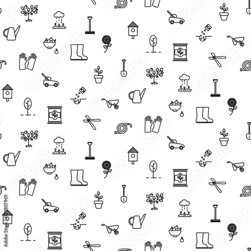 Garden tools line icons vector seamless pattern.