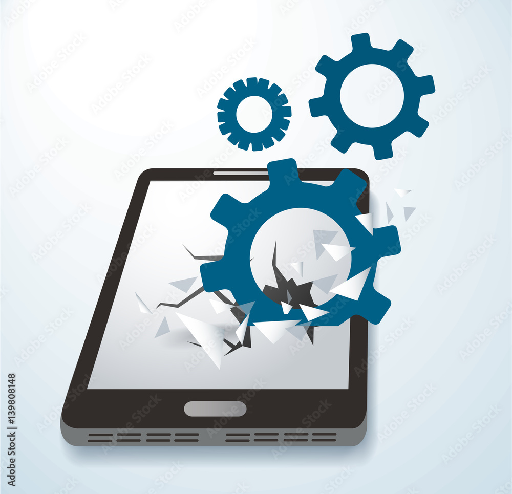 Gears icon Breaking through screen smartphone vector Gears icon Breaking through screen smartphone vector