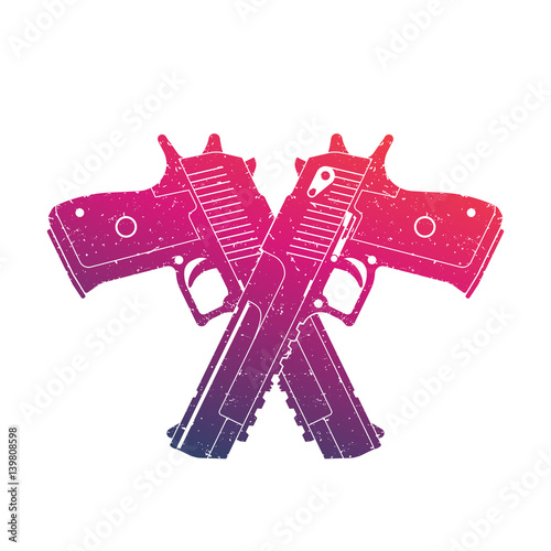 crossed powerful pistols, two handguns on white
